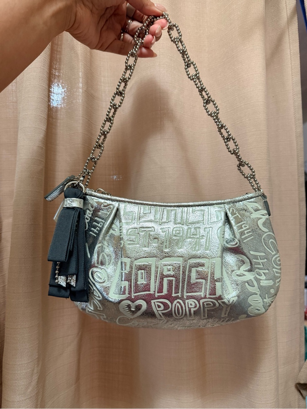 COACH Metallic Silver Limited Edition Poppy Shoulder Bag with Chain Strap
